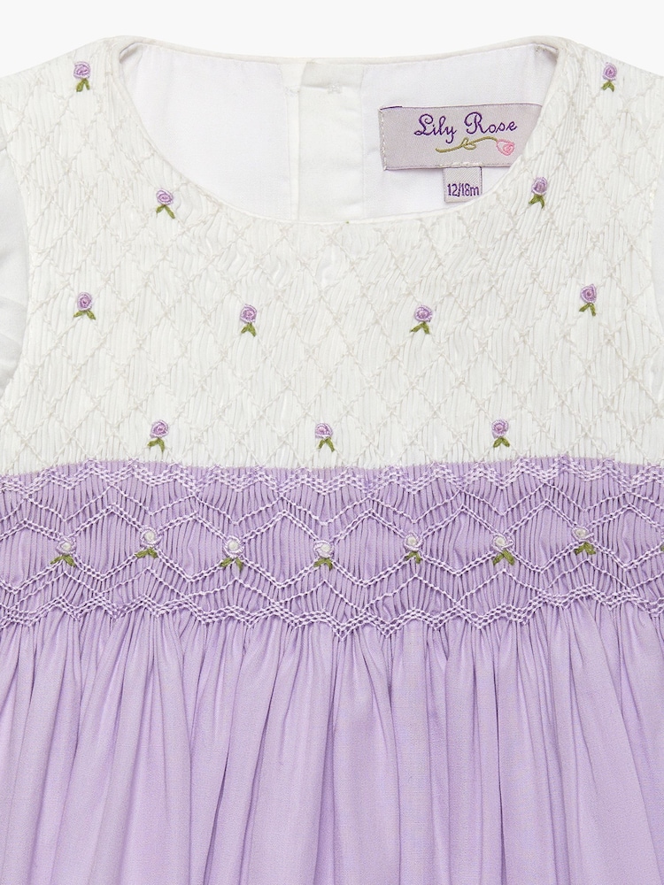 Trotters London Purple 100% Cotton Little Rose Hand Smocked Dress - Image 4 of 4