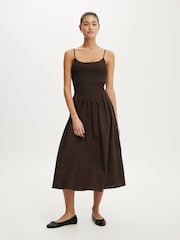Cotton On Brown Remy Shirred Bodice Midi Dress - Image 1 of 4