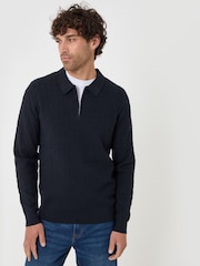 Threadbare Blue Textured Long Sleeve Quarter Zip Polo Shirt - Image 1 of 5
