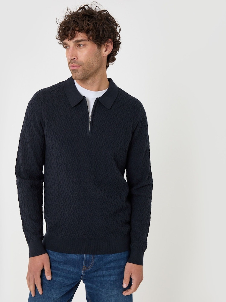 Threadbare Blue Textured Long Sleeve Quarter Zip Polo Shirt - Image 1 of 5 Threadbare Blue Textured Long Sleeve Quarter Zip Polo Shirt - Image 1 of 5