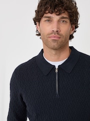 Threadbare Blue Textured Long Sleeve Quarter Zip Polo Shirt - Image 2 of 5