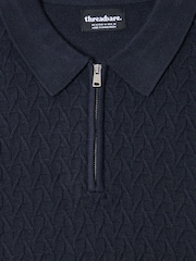Threadbare Blue Textured Long Sleeve Quarter Zip Polo Shirt - Image 5 of 5