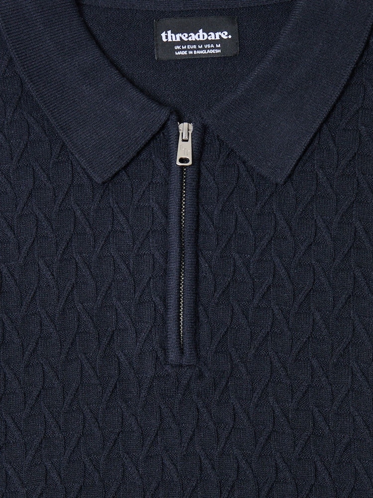 Threadbare Blue Textured Long Sleeve Quarter Zip Polo Shirt - Image 5 of 5 Threadbare Blue Textured Long Sleeve Quarter Zip Polo Shirt - Image 5 of 5