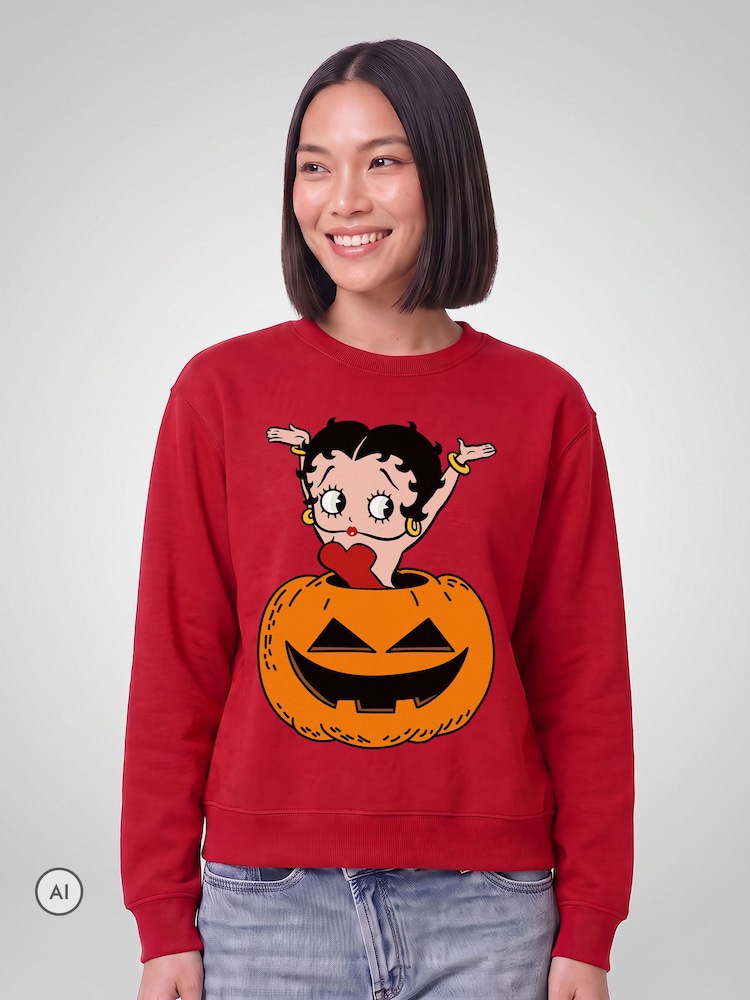 All + Every Red Betty Boop Halloween Pumpkin Sweatshirt - Image 1 of 4 All + Every Red Betty Boop Halloween Pumpkin Sweatshirt - Image 1 of 4