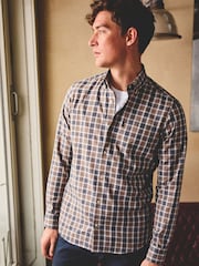 Neutral Brown/Grey Check Easy Iron Button Down Oxford Shirt - Image 1 of 9