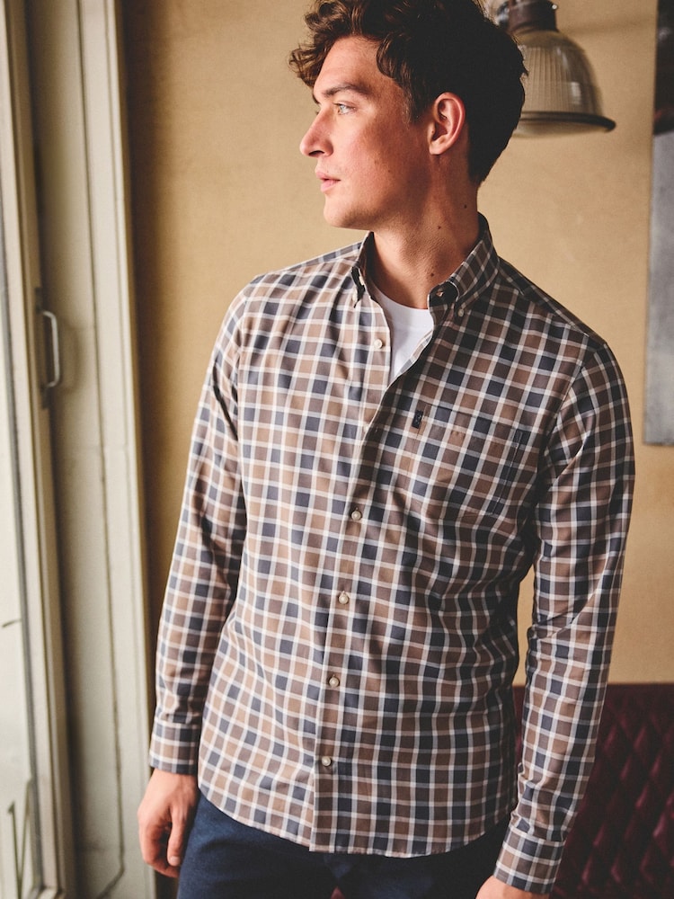 Neutral Brown/Grey Check Easy Iron Button Down Oxford Shirt - Image 1 of 9