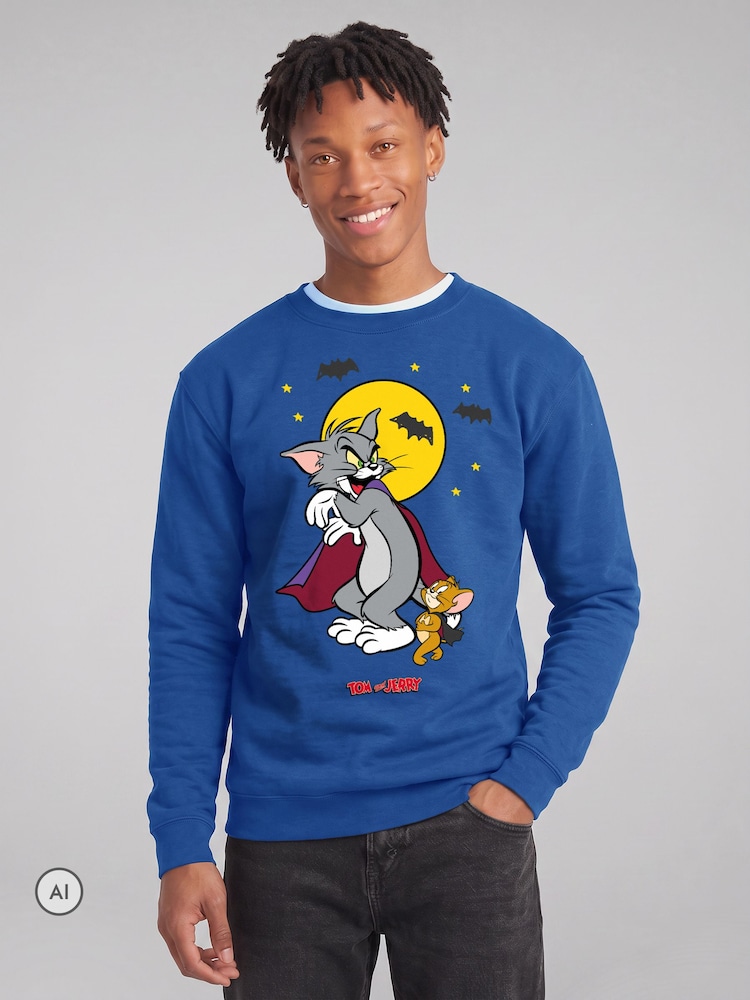 All + Every Blue Tom and Jerry Halloween Vampires Sweatshirt - Image 1 of 4 All + Every Blue Tom and Jerry Halloween Vampires Sweatshirt - Image 1 of 4