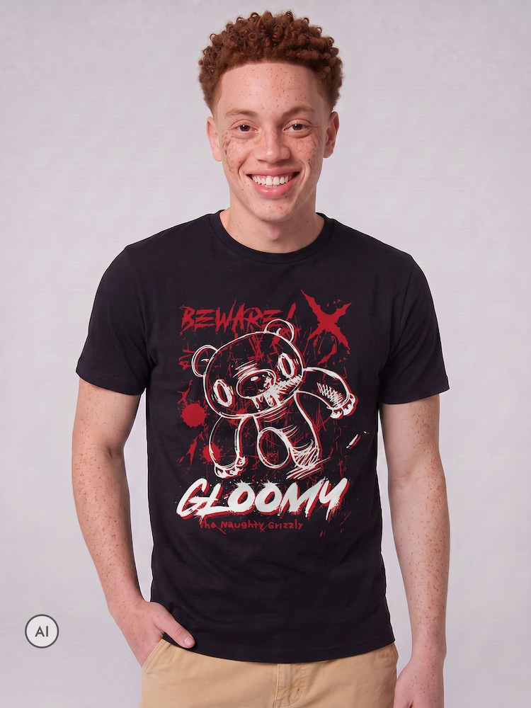 All + Every Black Gloomy Bear The Naughty Grizzly Beware Blood Splatter Anime T-Shirt - Image 1 of 4 All + Every Black Gloomy Bear The Naughty Grizzly Beware Blood Splatter Anime T-Shirt - Image 1 of 4