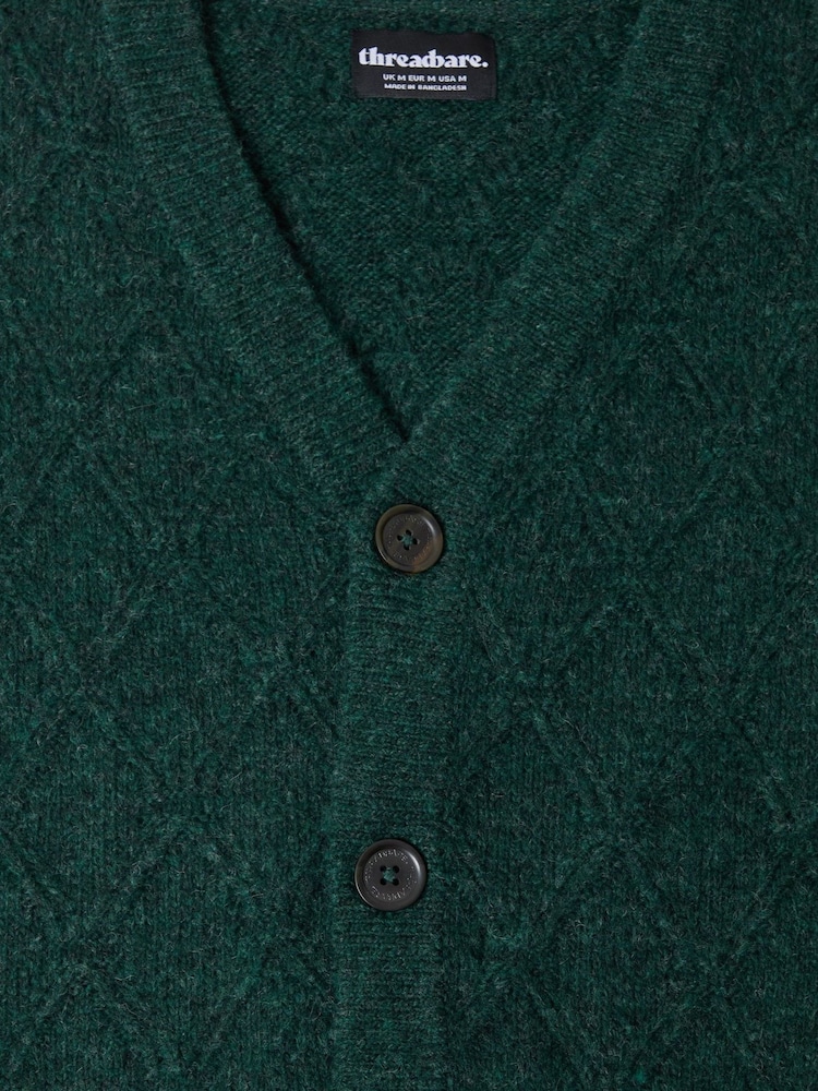 أخضر - كارديجان ياقة حرف V محبوك بنمط كابل ماسي من Threadbare - صورة 5 من 5