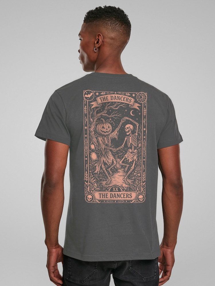 All + Every Grey Halloween The Dancers Pumpkin Skeleton Tarot Card Back Print T-Shirt - Image 1 of 4 All + Every Grey Halloween The Dancers Pumpkin Skeleton Tarot Card Back Print T-Shirt - Image 1 of 4