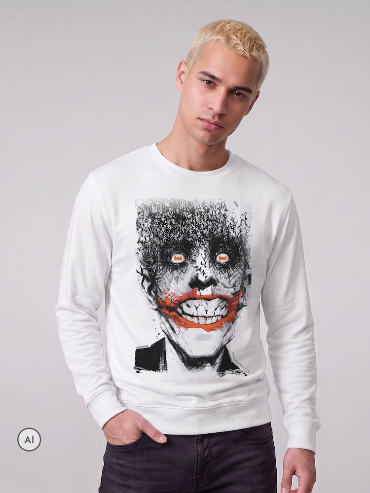 All + Every White Batman Halloween Joker Face Made Of Bats Sweatshirt - Image 1 of 4 All + Every White Batman Halloween Joker Face Made Of Bats Sweatshirt - Image 1 of 4