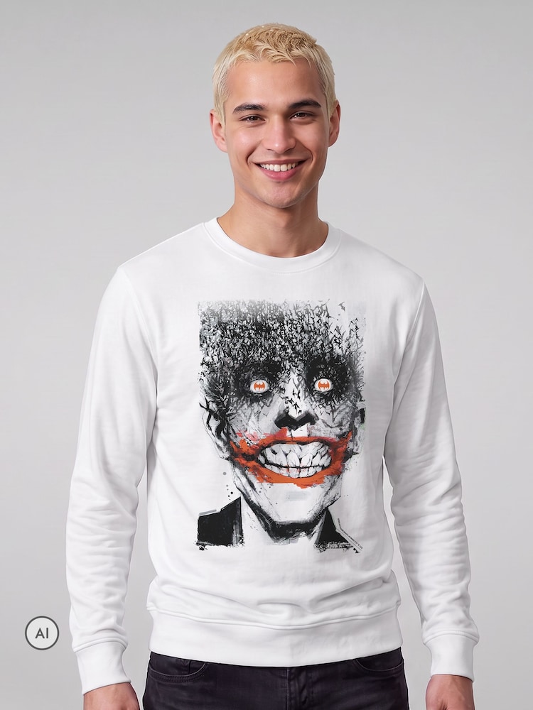 All + Every White Batman Halloween Joker Face Made Of Bats Sweatshirt - Image 2 of 4 All + Every White Batman Halloween Joker Face Made Of Bats Sweatshirt - Image 2 of 4