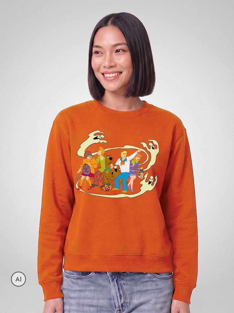 All + Every Orange Scooby Doo Halloween Gang Surrounded By Ghosts Sweatshirt - Image 1 of 4 All + Every Orange Scooby Doo Halloween Gang Surrounded By Ghosts Sweatshirt - Image 1 of 4