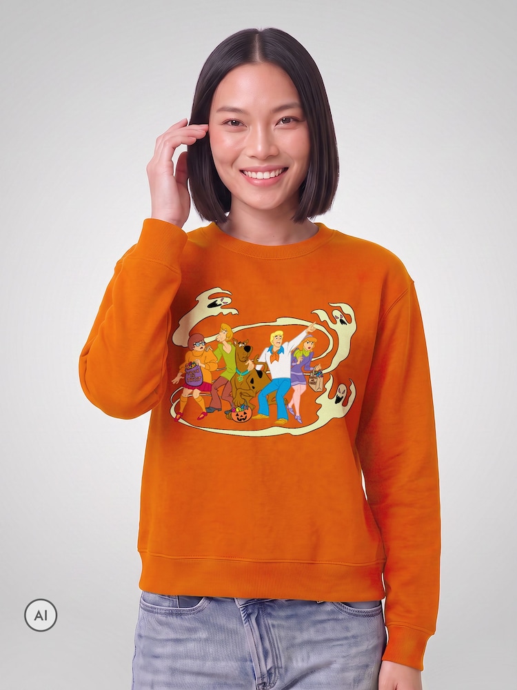 All + Every Orange Scooby Doo Halloween Gang Surrounded By Ghosts Sweatshirt - Image 2 of 4 All + Every Orange Scooby Doo Halloween Gang Surrounded By Ghosts Sweatshirt - Image 2 of 4