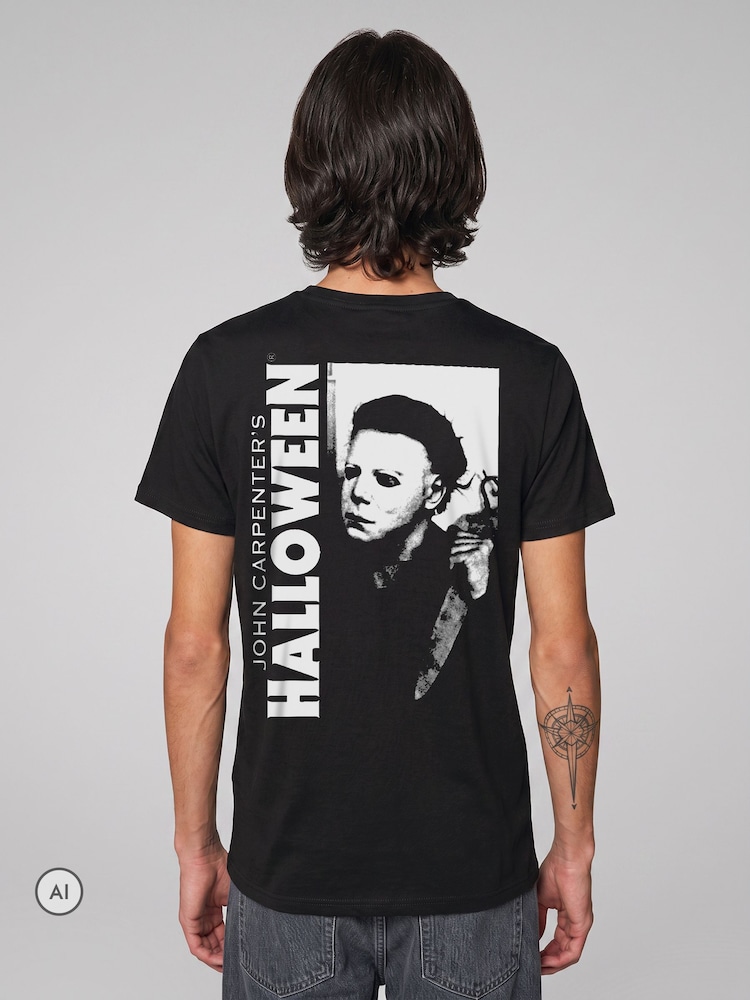 All + Every Black Halloween Michael Myers Hunting For Laurie Back Print T-Shirt - Image 1 of 4 All + Every Black Halloween Michael Myers Hunting For Laurie Back Print T-Shirt - Image 1 of 4