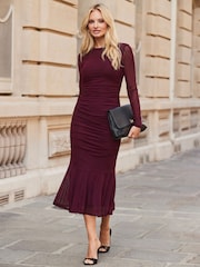 Sosandar Red Ruched Detail Mesh Dress - Image 2 of 5