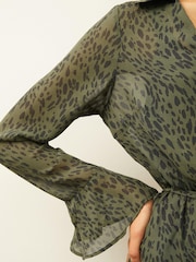 Green Animal Print Long Flutter Sleeve Mini Dress - Image 3 of 5