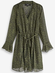 Green Animal Print Long Flutter Sleeve Mini Dress - Image 4 of 5