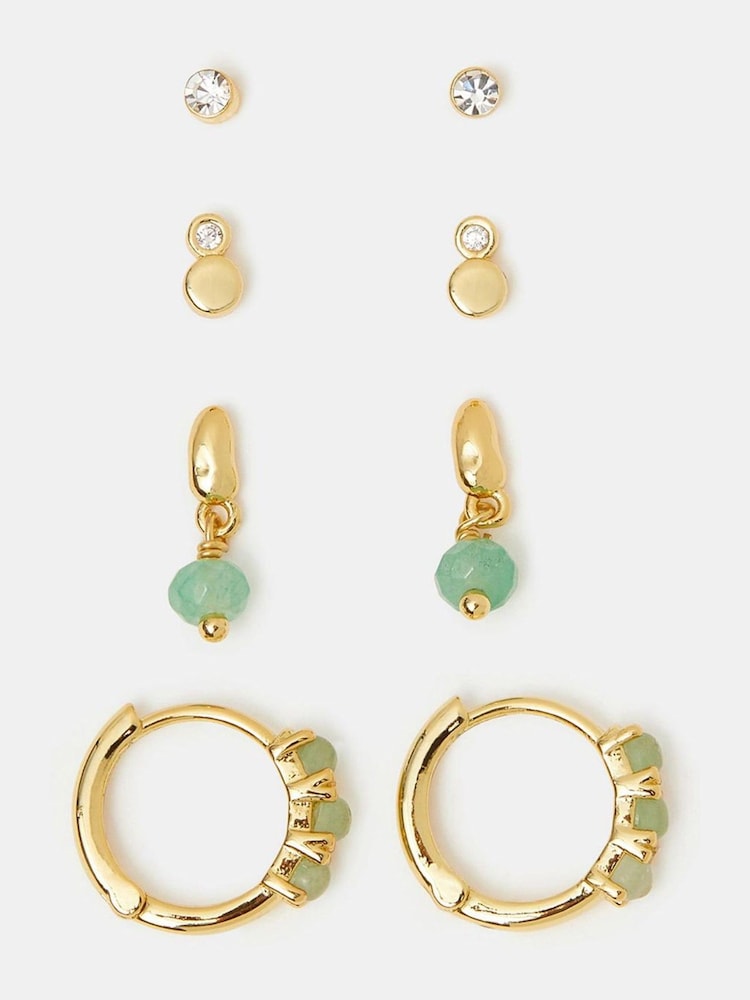 Accessorize Gold 14ct Gold-Plated Aventurine Stone Stud & Hoop Earrings 4-Pack - Image 1 of 2 Accessorize Gold 14ct Gold-Plated Aventurine Stone Stud & Hoop Earrings 4-Pack - Image 1 of 2