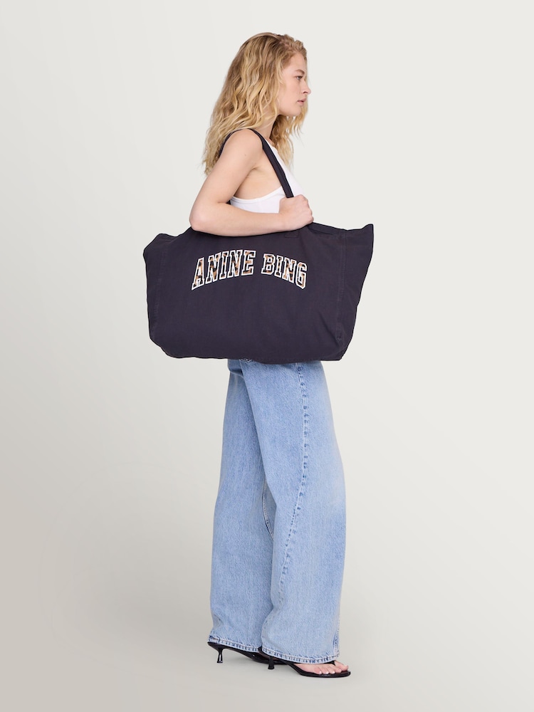 ANINE BING Black Leo Leopard Print Logo Canvas Tote Bag - Image 1 of 3