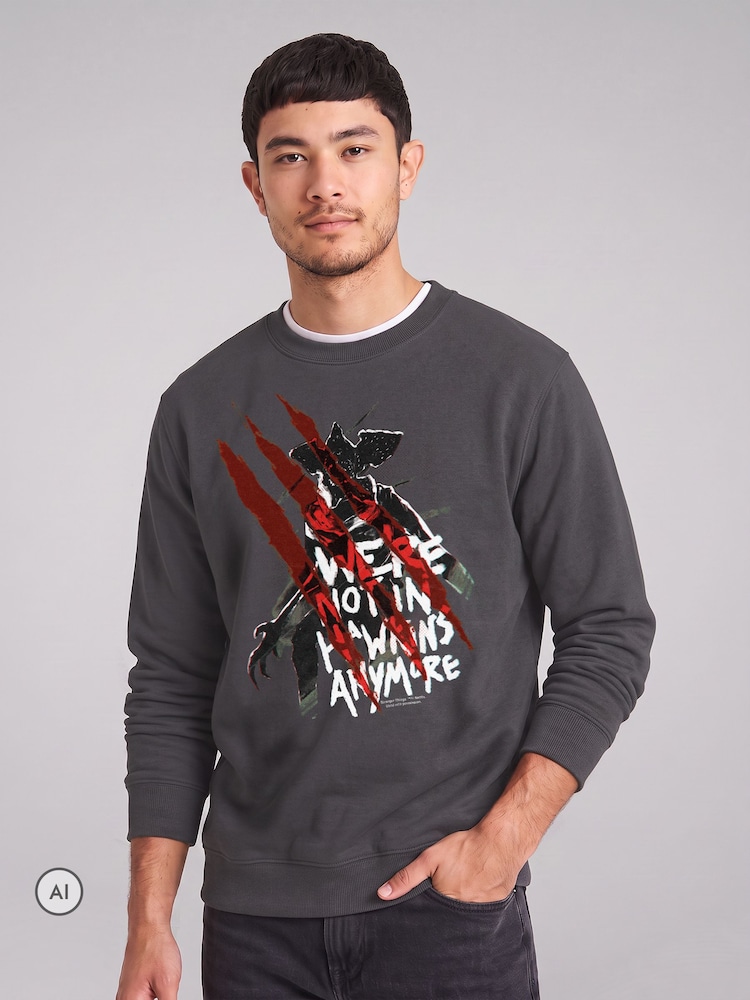 All + Every Grey Stranger Things We're Not In Hawkins Anymore Demogorgon Sweatshirt - Image 1 of 4 All + Every Grey Stranger Things We're Not In Hawkins Anymore Demogorgon Sweatshirt - Image 1 of 4