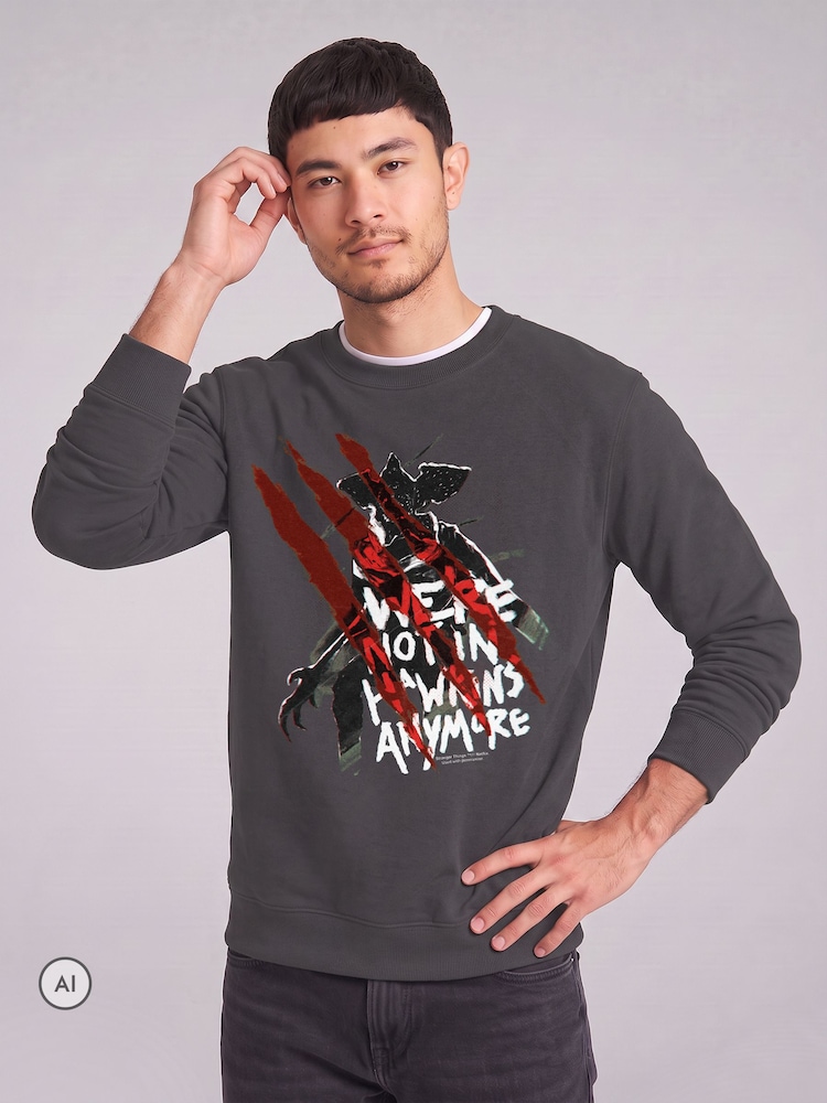 All + Every Grey Stranger Things We're Not In Hawkins Anymore Demogorgon Sweatshirt - Image 2 of 4 All + Every Grey Stranger Things We're Not In Hawkins Anymore Demogorgon Sweatshirt - Image 2 of 4