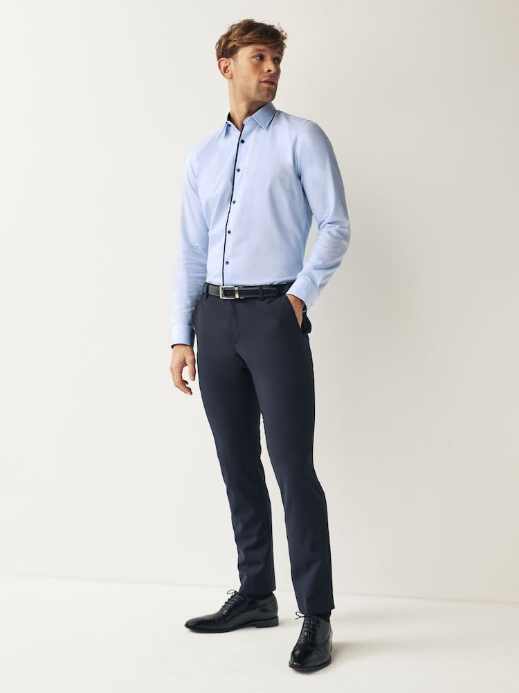 Blue Slim Fit Trimmed Formal 100% Cotton Oxford Shirt - Image 2 of 7 Blue Slim Fit Trimmed Formal 100% Cotton Oxford Shirt - Image 2 of 7