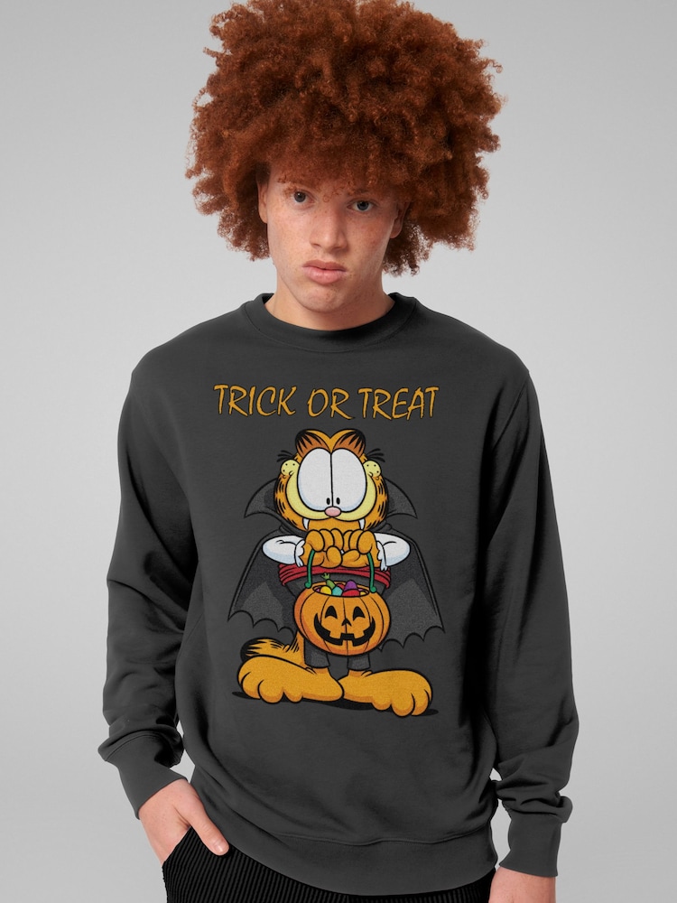 All + Every Grey Garfield Halloween Trick Or Treat Sweatshirt - Image 1 of 4 All + Every Grey Garfield Halloween Trick Or Treat Sweatshirt - Image 1 of 4