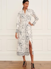 Ecru Cream Floral V-Neck Detail Midi Dress - Image 1 of 6