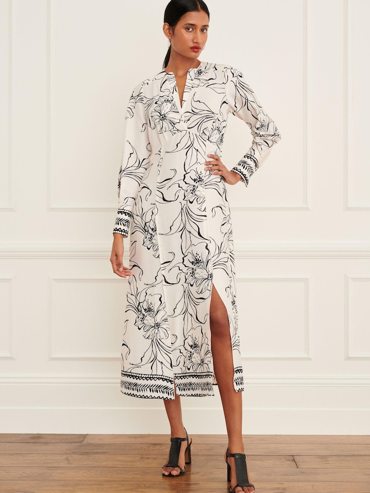 Ecru Cream Floral V-Neck Detail Midi Dress - Image 1 of 6