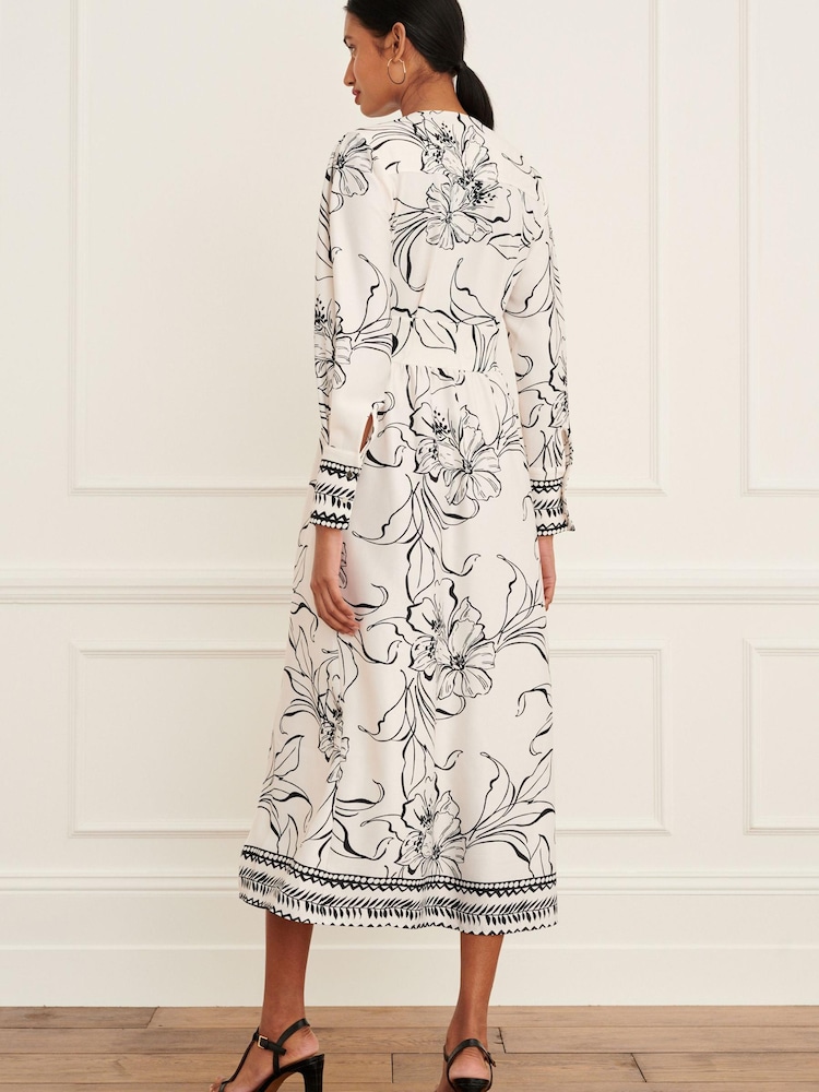 Ecru Cream Floral V-Neck Detail Midi Dress - Image 2 of 6