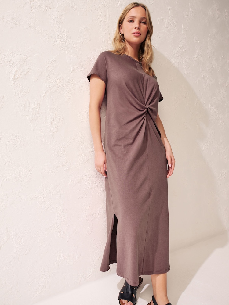 Mauve Purple 100% Cotton Twist Short Sleeved T-Shirt Summer Dress - Image 1 of 6 Mauve Purple 100% Cotton Twist Short Sleeved T-Shirt Summer Dress - Image 1 of 6