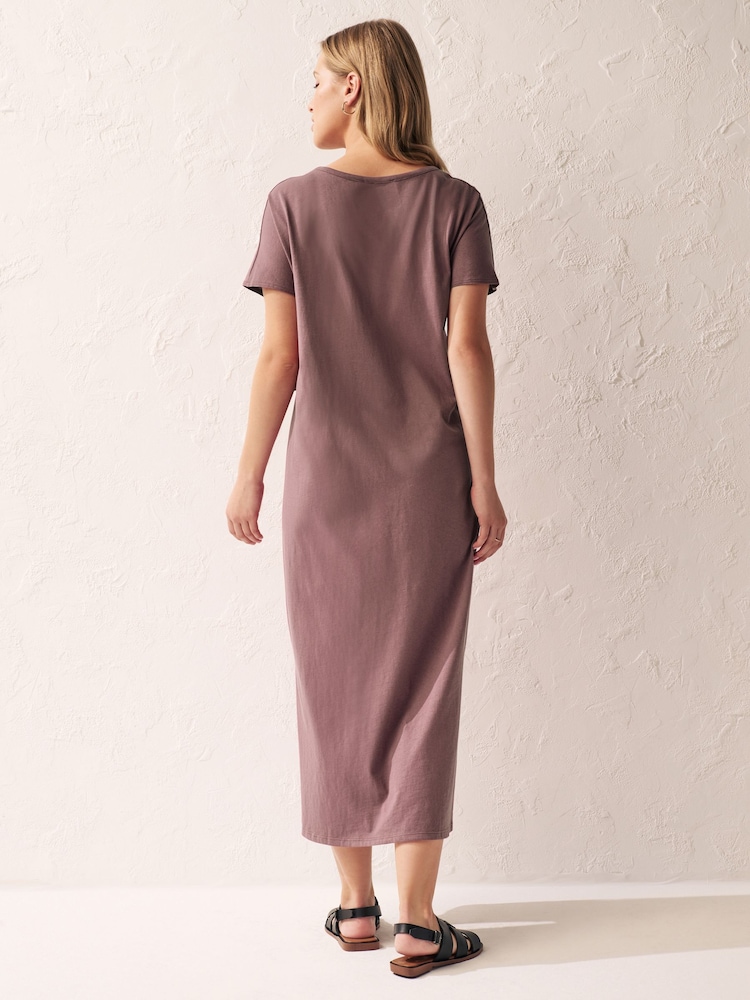 Mauve Purple 100% Cotton Twist Short Sleeved T-Shirt Summer Dress - Image 3 of 6