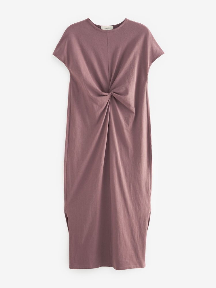 Mauve Purple 100% Cotton Twist Short Sleeved T-Shirt Summer Dress - Image 5 of 6