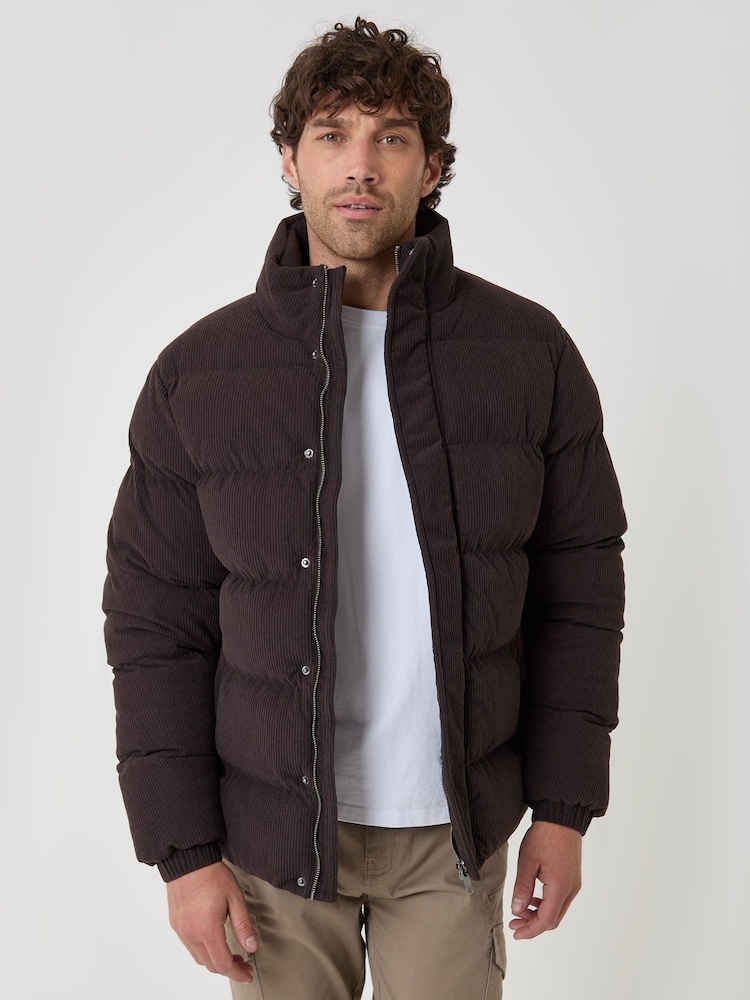 Threadbare Brown Corduroy Funnel Neck Puffer Coat - Image 1 of 5 Threadbare Brown Corduroy Funnel Neck Puffer Coat - Image 1 of 5
