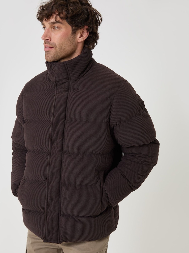 Threadbare Brown Corduroy Funnel Neck Puffer Coat - Image 2 of 5 Threadbare Brown Corduroy Funnel Neck Puffer Coat - Image 2 of 5