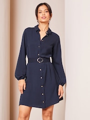 Lipsy Navy Blue Woven Belted Button Through Mini Shirt Dress - Image 1 of 4