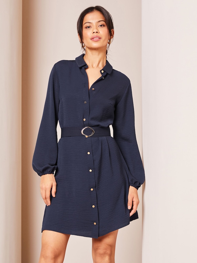Lipsy Navy Blue Woven Belted Button Through Mini Shirt Dress - Image 1 of 4