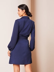Lipsy Navy Blue Woven Belted Button Through Mini Shirt Dress - Image 2 of 4