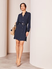 Lipsy Navy Blue Woven Belted Button Through Mini Shirt Dress - Image 3 of 4