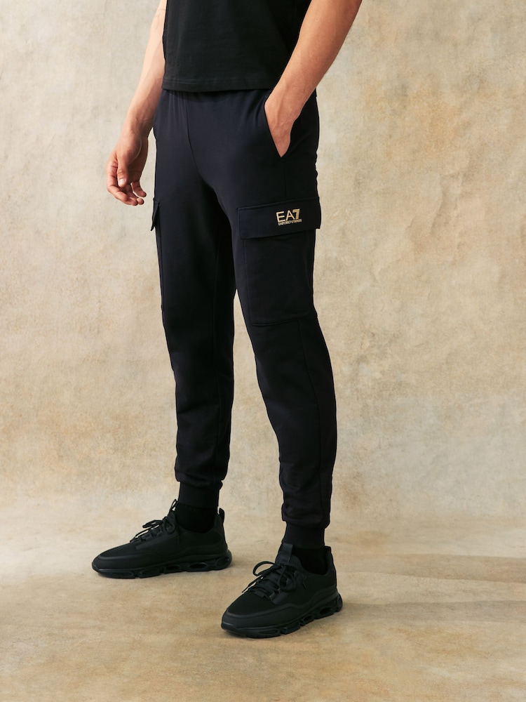 Emporio Armani EA7 Black/Gold Core ID Cargo Utility 100% Cotton Joggers - Image 1 of 5