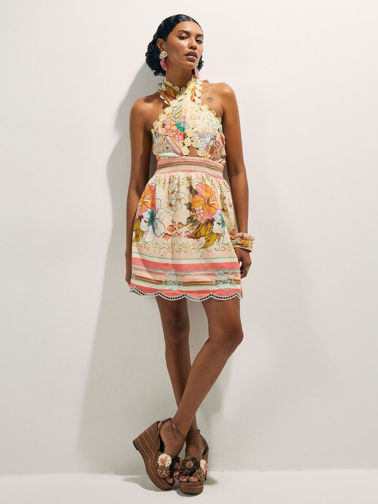 River Island Pink Del Maar Sleeveless Halter Neck Crochet Flower Mini Dress - Image 2 of 4