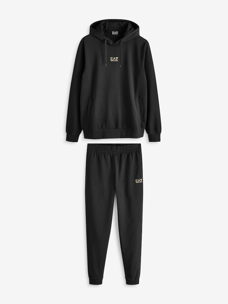 Emporio Armani EA7 Black/Gold Core ID Hoodie 100% Cotton Tracksuit - Image 7 of 9