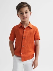 Reiss Burnt Orange Holiday Short Sleeve Linen Shirt - Image 1 of 6