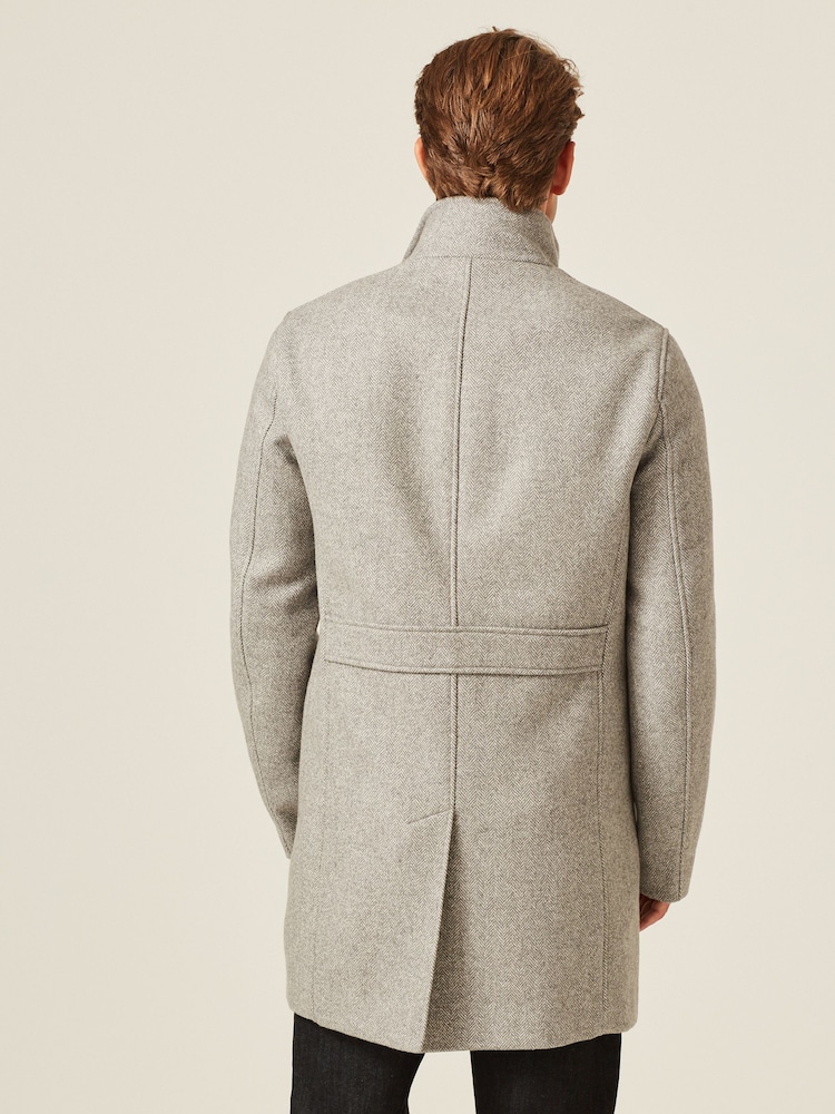 Light Grey Wool Blend Mock Gilet Herringbone Padded Coat - Image 3 of 9
