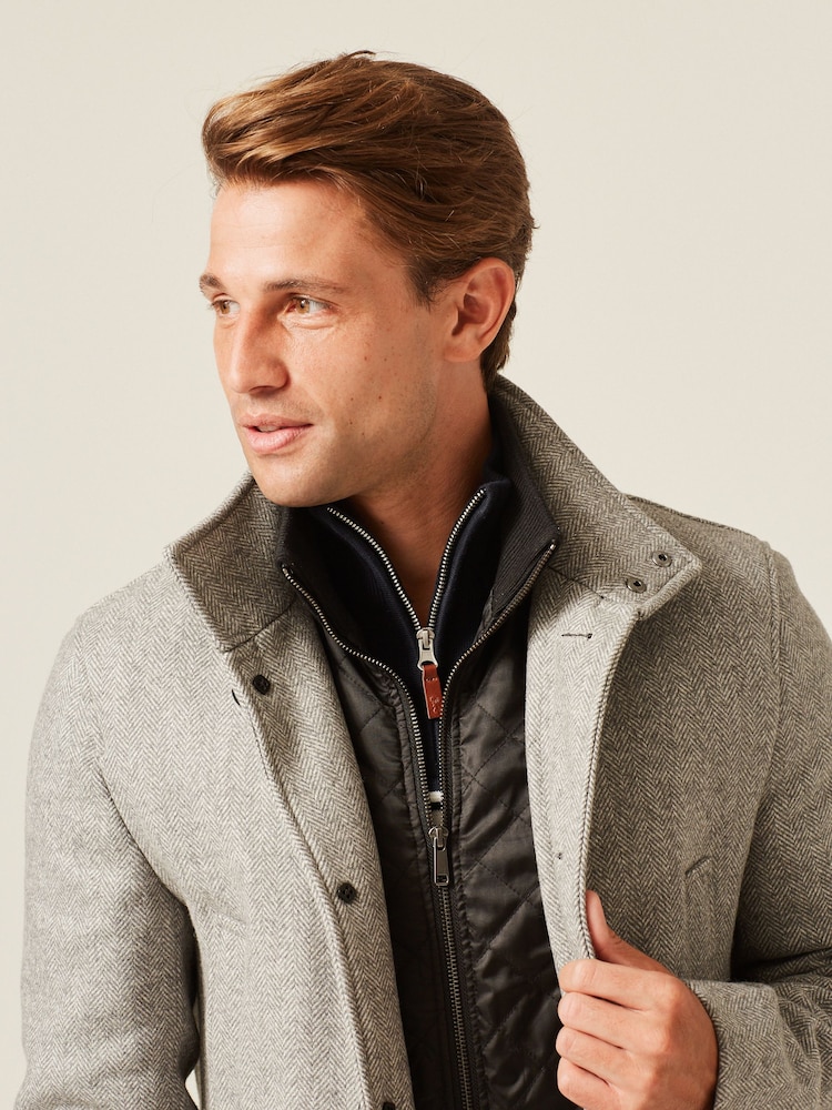 Light Grey Wool Blend Mock Gilet Herringbone Padded Coat - Image 4 of 9