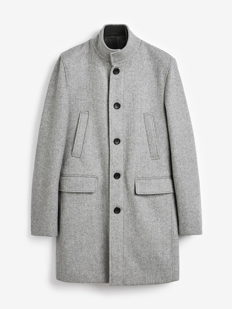Light Grey Wool Blend Mock Gilet Herringbone Padded Coat - Image 6 of 9