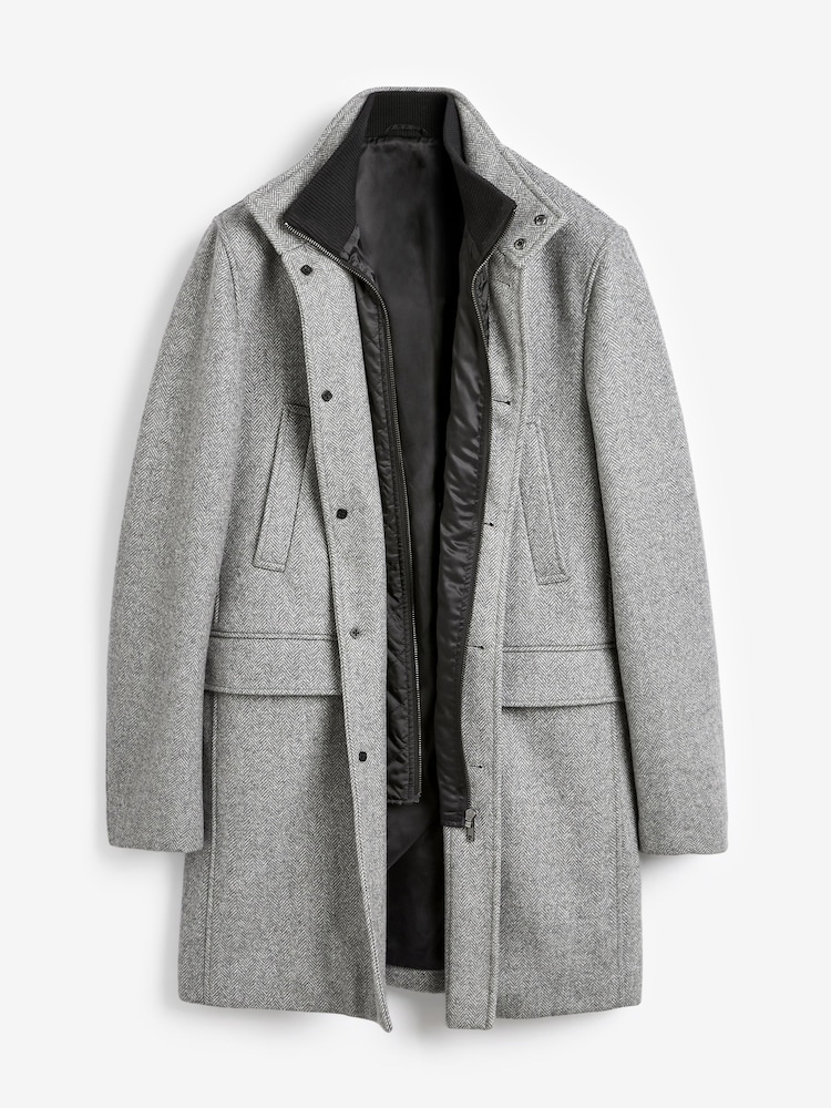 Light Grey Wool Blend Mock Gilet Herringbone Padded Coat - Image 7 of 9