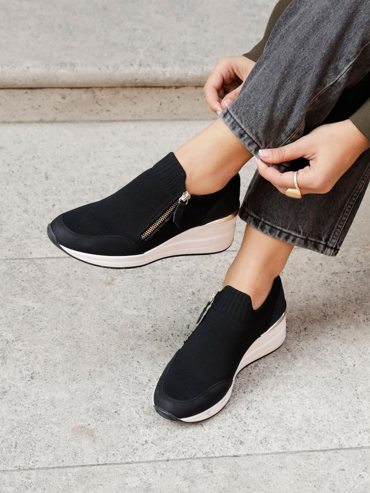Linzi Black Adler Flyknit Wedged Sneakers With Zip Detail - Image 2 of 6