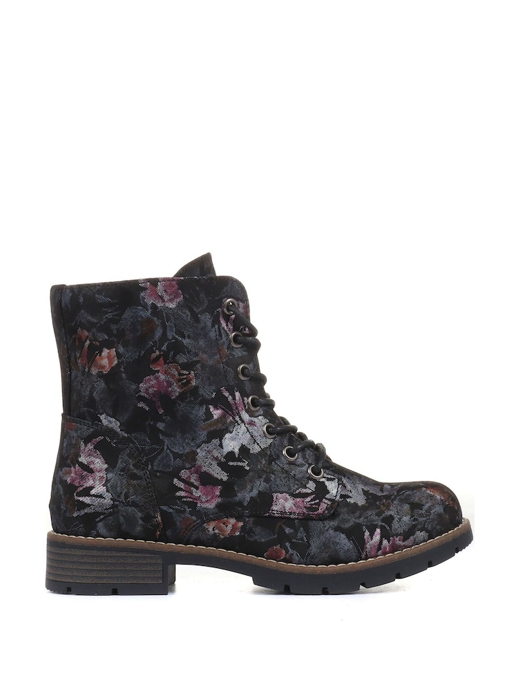 Pavers Black Floral Ladies Lace Up Ankle Boots - Image 1 of 5